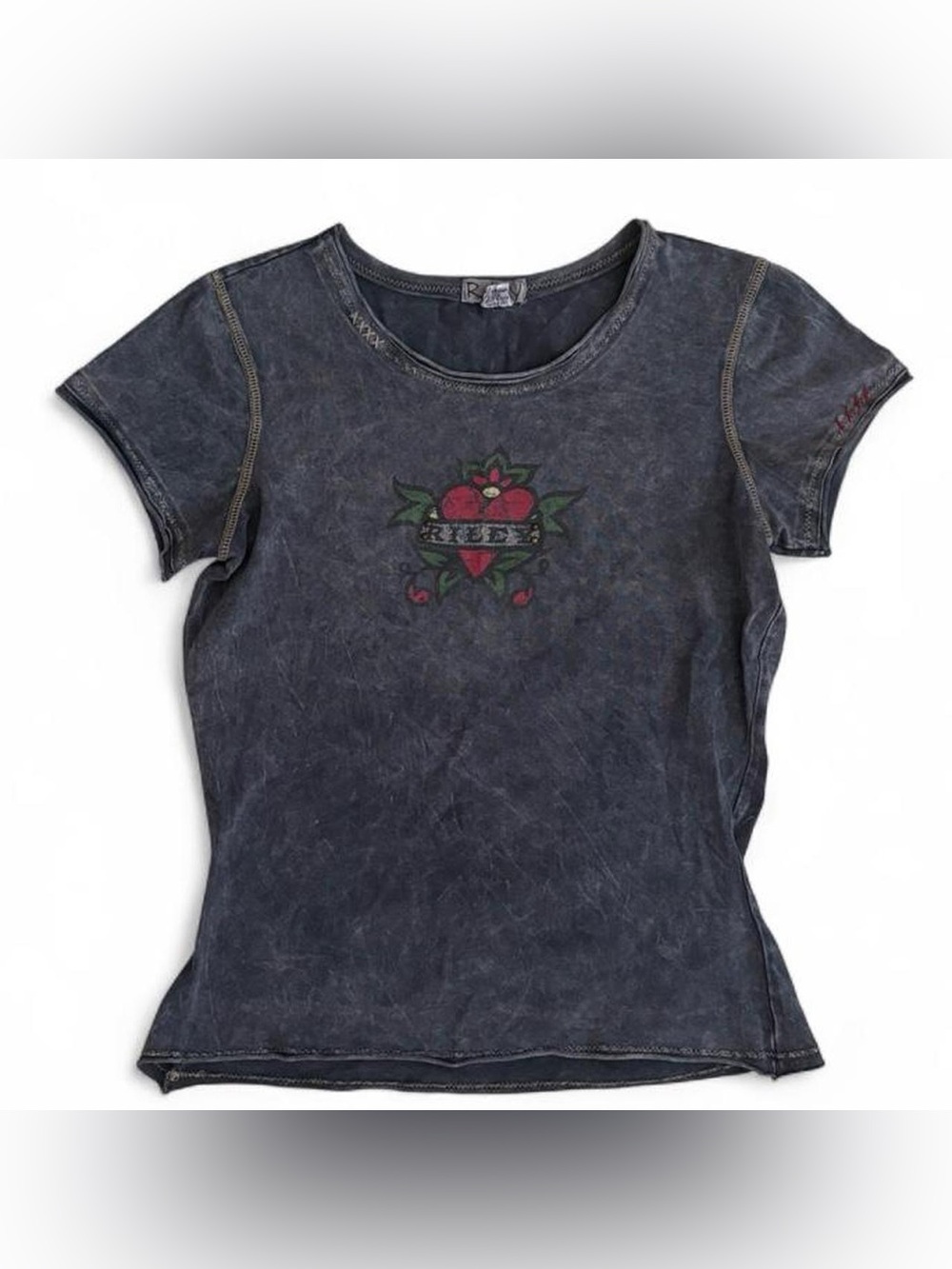 Y2K vintage Riley acid wash logo heart graphic baby tee with embroidery accents